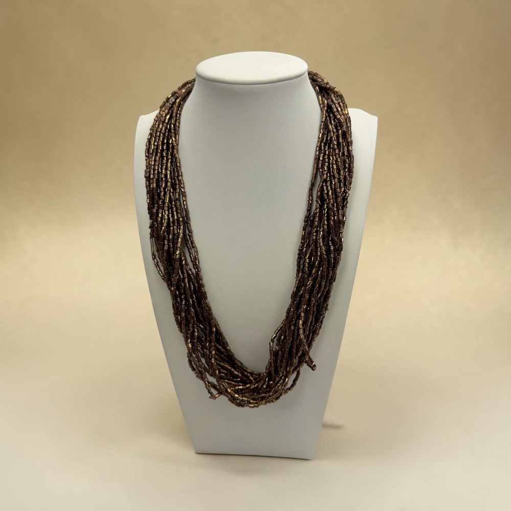 Vintage Bronze Metallic Multi Strand Seed Bead Necklace Adjustable Boho Y2K